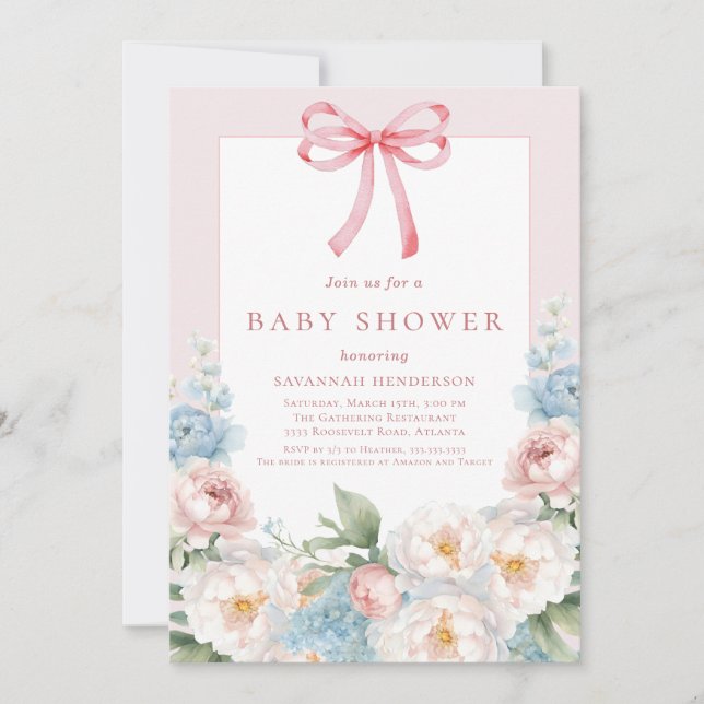 Invitación Elegante Baby Shower color azul rosa floral (Anverso)