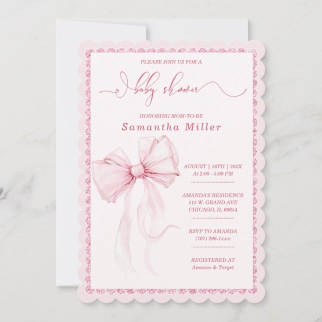 Invitación Elegante Baby Shower color rosa para Chicas (Anverso)