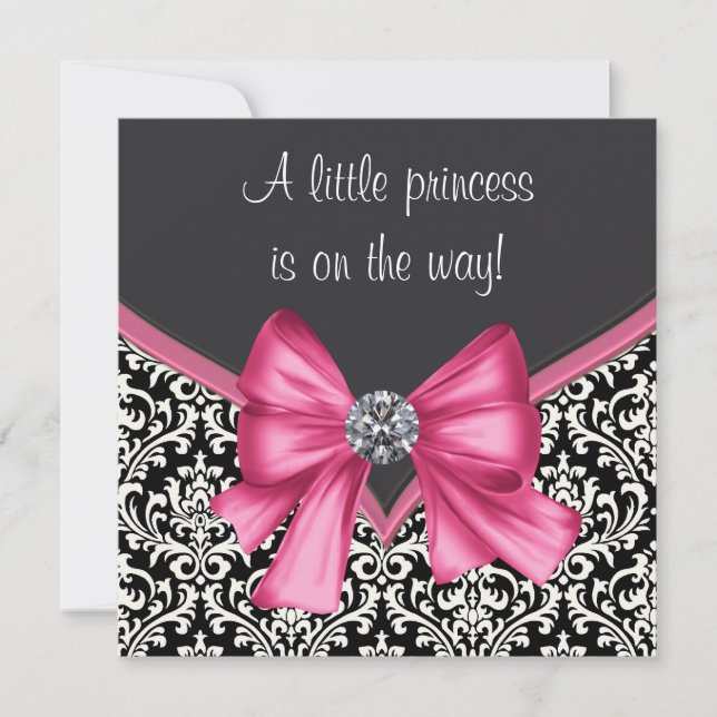 Invitación Elegante Baby Shower color rosa y negro Damask (Anverso)