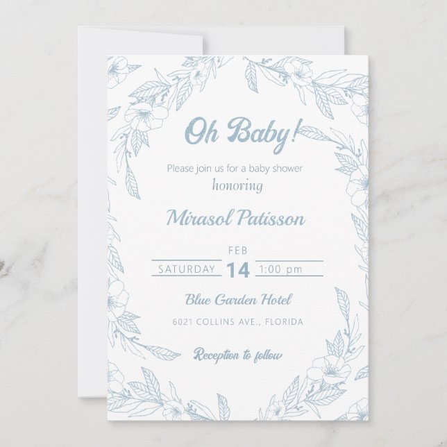 Invitación Elegante Baby Shower con flores azul pálido (Anverso)
