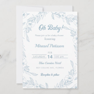 Invitación Elegante Baby Shower con flores azul pálido