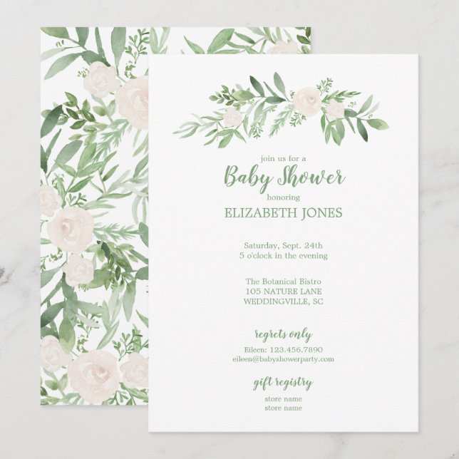 Invitación Elegante Baby Shower con flores de marfil y verde (Anverso / Reverso)