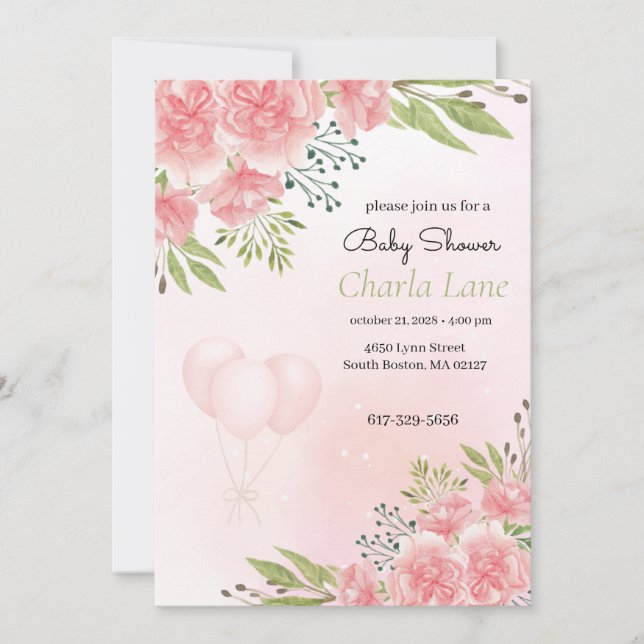 Invitación Elegante Baby Shower con flores rosadas (Anverso)