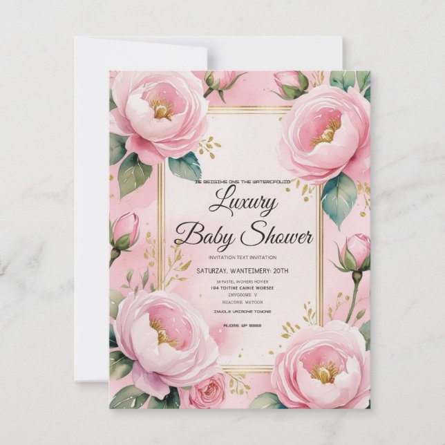 Invitación Elegante Baby Shower con flores rosadas (Anverso)