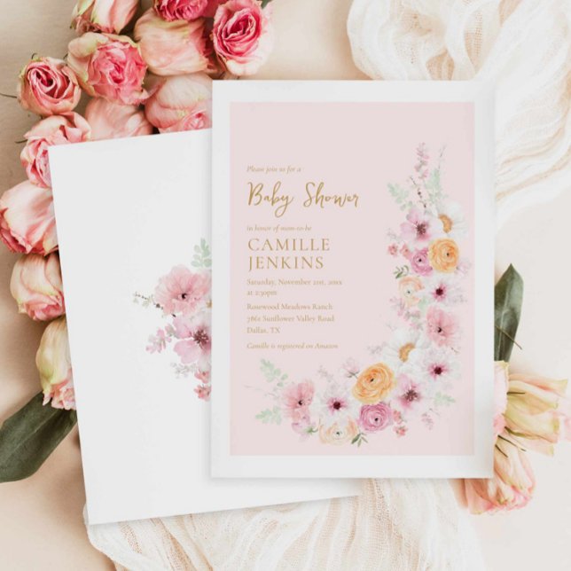 Invitación Elegante Baby Shower con flores rosadas (Outdoor Summer Girl Baby Shower Invitation)