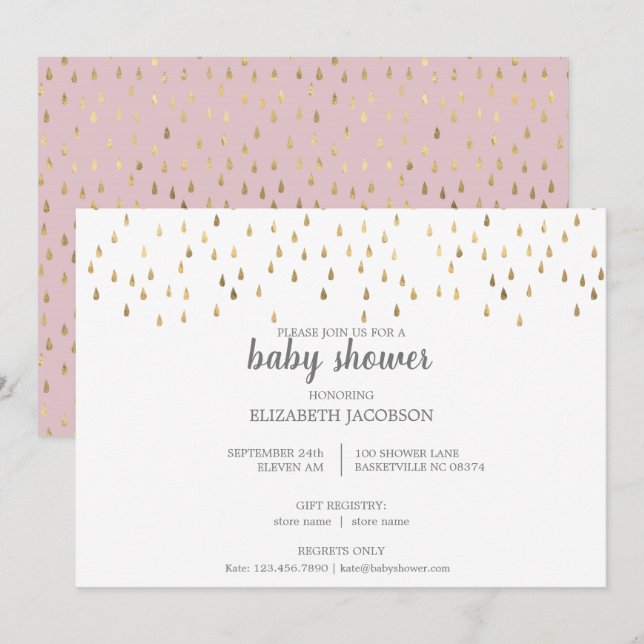 Invitación Elegante Baby Shower con gotitas de lluvia rosadas (Anverso / Reverso)