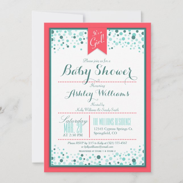 Invitación Elegante Baby Shower Coral y Aqua Confetti (Anverso)