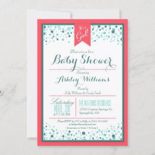 Invitación Elegante Baby Shower Coral y Aqua Confetti