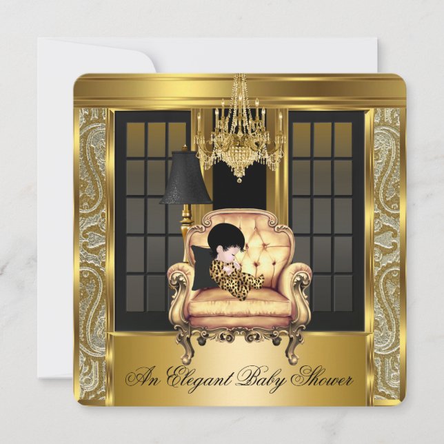 Invitación Elegante Baby Shower Damask Chandelier Gold Chair  (Anverso)