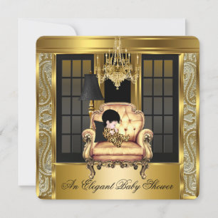 Invitación Elegante Baby Shower Damask Chandelier Gold Chair 