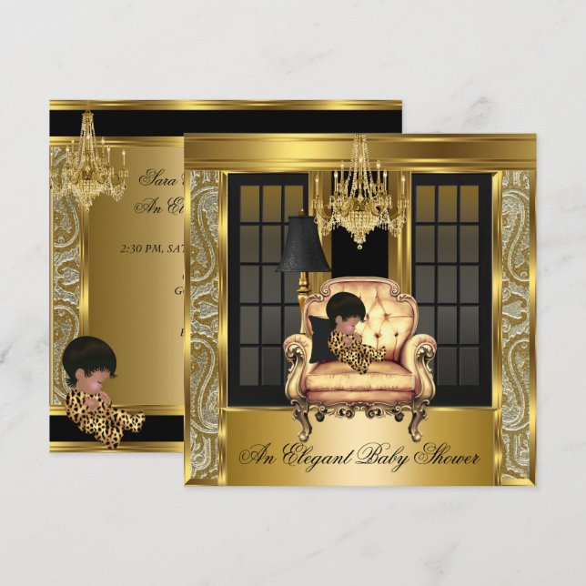 Invitación Elegante Baby Shower Damask Chandelier Gold Chair  (Anverso / Reverso)