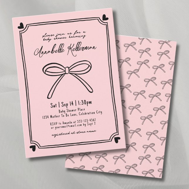 Invitación Elegante Baby Shower de arco rosado con mano (Hand Drawn Pink Bow Baby Shower Invitation)