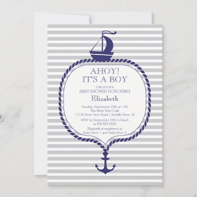 Invitación Elegante Baby Shower de barco de vela azul gris (Anverso)
