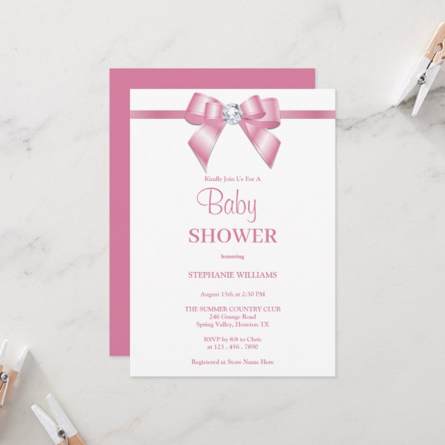 Invitación Elegante Baby Shower de barrido de joyas rosas (Anverso/Reverso In Situ)