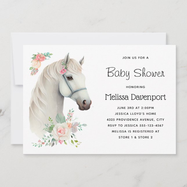 Invitación Elegante Baby Shower de Boho Floral de caballos bl (Anverso)