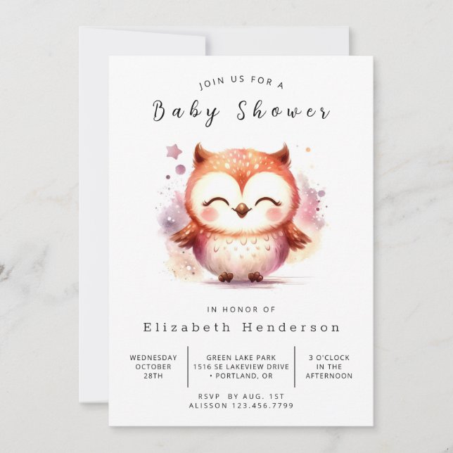 Invitación Elegante Baby Shower de búho digital (Anverso)