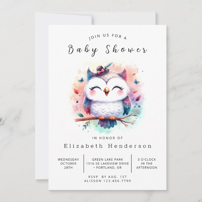 Invitación Elegante Baby Shower de búho editable (Anverso)