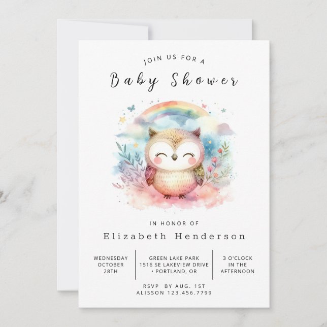Invitación Elegante Baby Shower de búho editable (Anverso)