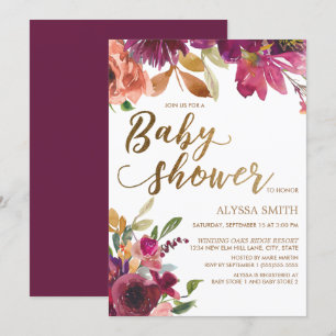 Invitación Elegante Baby Shower de Burgundy Dorado Floral Scr