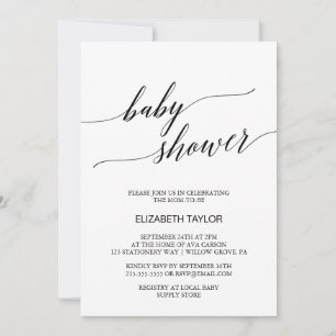 Invitación Elegante Baby Shower de caligrafía blanca y negra