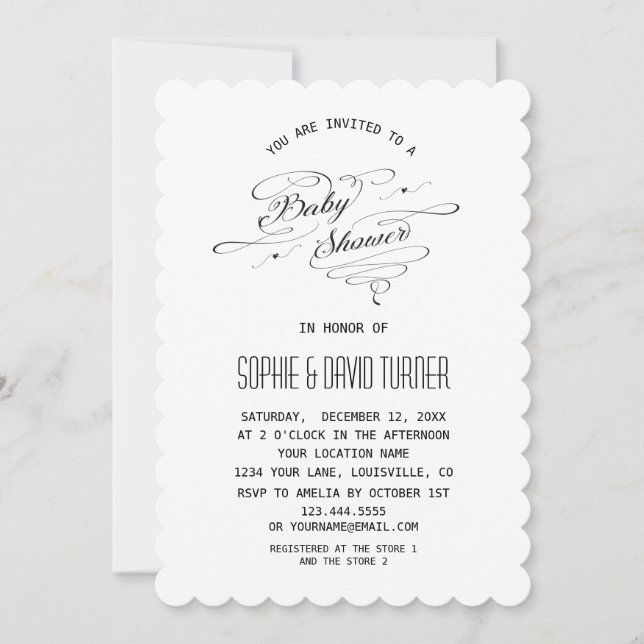 Invitación Elegante Baby Shower de caligrafía blanca y negra (Anverso)