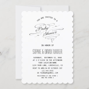 Invitación Elegante Baby Shower de caligrafía blanca y negra