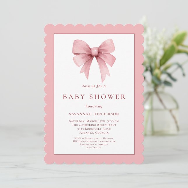 Invitación Elegante Baby Shower de cinta rosada (Anverso de pie)
