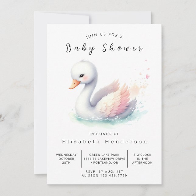 Invitación Elegante Baby Shower de cisne digital (Anverso)