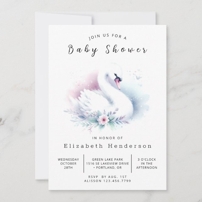Invitación Elegante Baby Shower de cisne digital (Anverso)