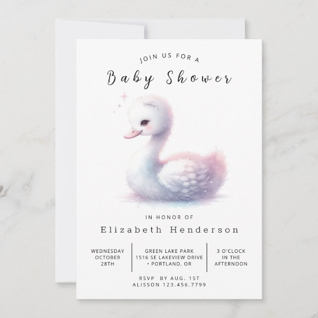 Invitación Elegante Baby Shower de cisne digital (Anverso)