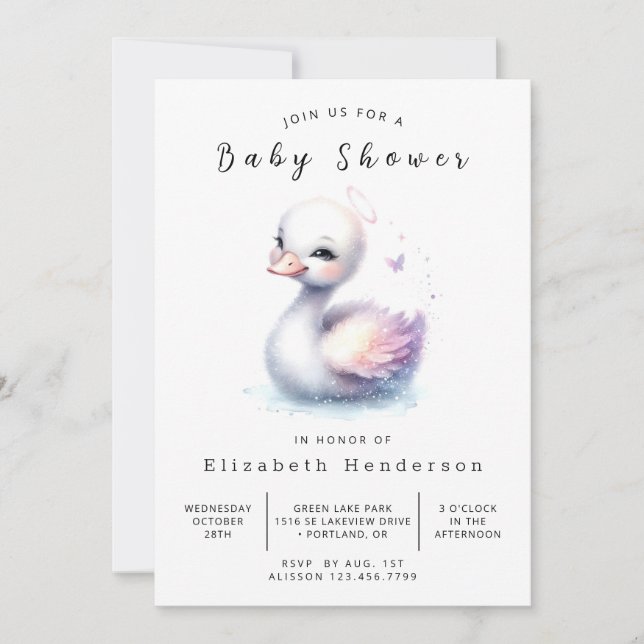 Invitación Elegante Baby Shower de cisne digital (Anverso)
