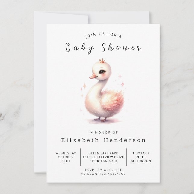 Invitación Elegante Baby Shower de cisne imprimible (Anverso)