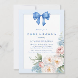 Invitación Elegante Baby Shower de color azul de cinta azul c