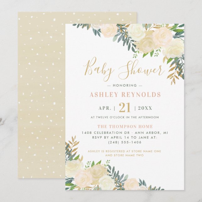 Invitación Elegante Baby Shower de Crema Dorado Floral Verde (Anverso / Reverso)