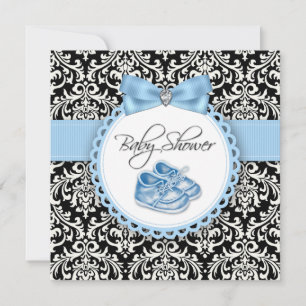 Invitación Elegante Baby Shower de Damasco Negro y Azul