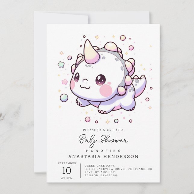 Invitación Elegante Baby Shower de dinosaurio mágico (Anverso)