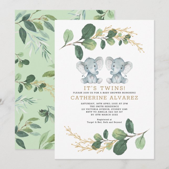 Invitación Elegante Baby Shower de elefante gemelo suave (Anverso / Reverso)