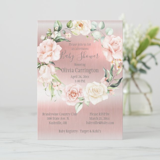 Invitación Elegante Baby Shower de escritura floral metálica  (Anverso de pie)