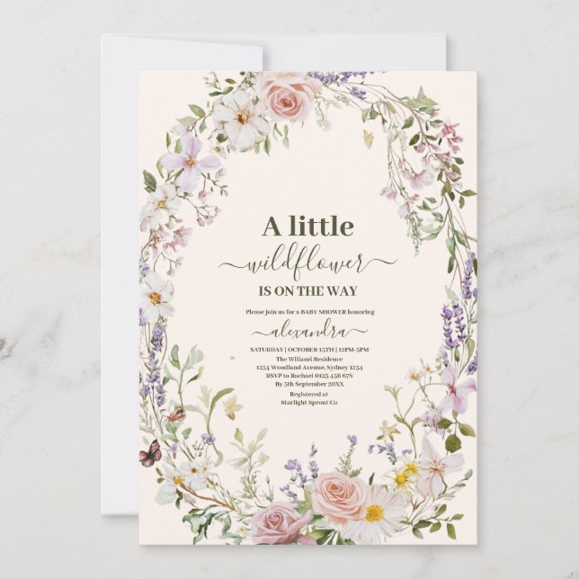Invitación Elegante Baby Shower de Flor Silvestre Rosa (Anverso)