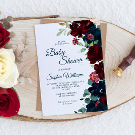 Invitación Elegante Baby Shower de flores azules de Borgoña y