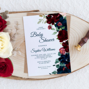 Invitación Elegante Baby Shower de flores azules de Borgoña y