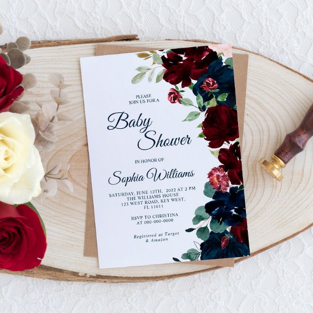 Invitación Elegante Baby Shower de flores azules de Borgoña y (Subido por el creador)