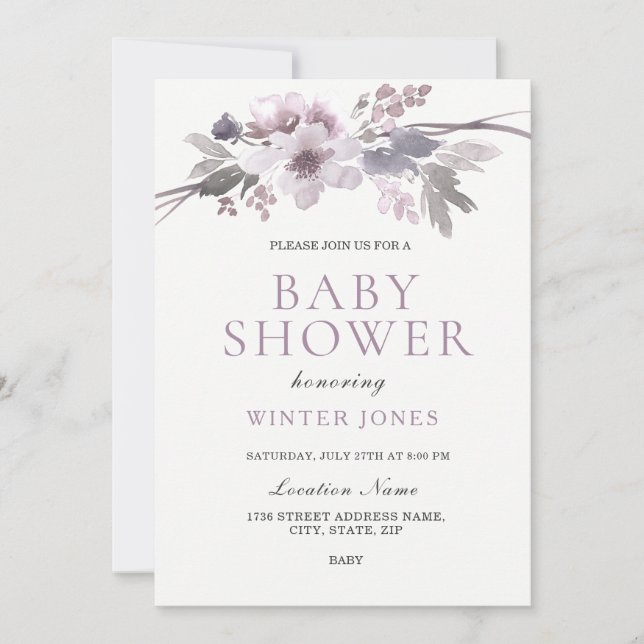 Invitación Elegante Baby Shower de flores de invierno grisáce (Anverso)