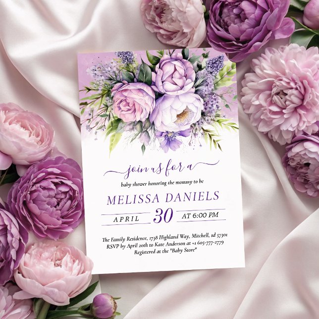 Invitación Elegante Baby Shower de flores de jardín morado y  (Elegant Purple & Pink Garden Flowers Baby Shower Invitation)