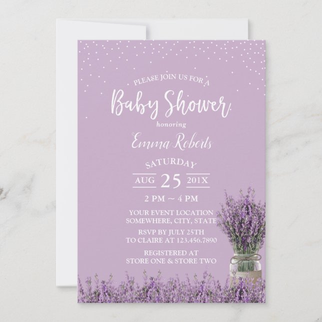 Invitación Elegante Baby Shower de Flores de Lavanda Púrpura (Anverso)