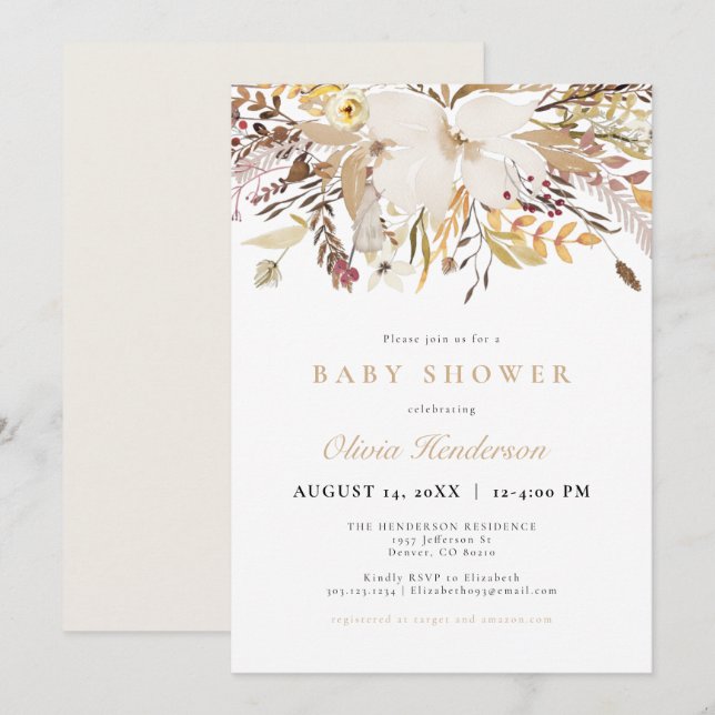 Invitación Elegante Baby Shower de flores de otoño (Anverso / Reverso)