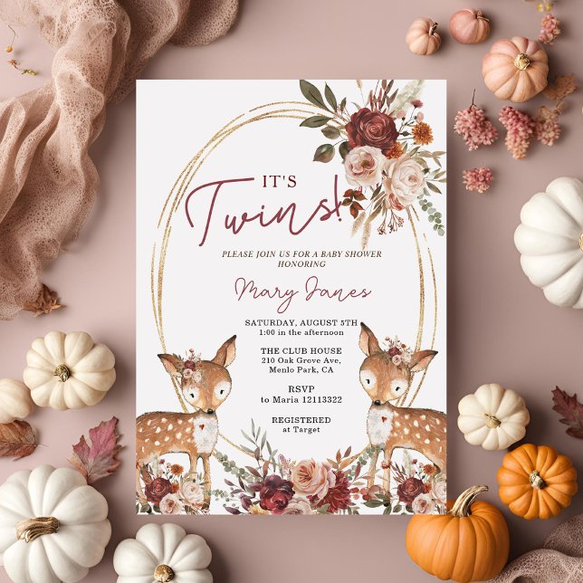 Invitación Elegante Baby Shower de flores gemelas Deer Marsal (Subido por el creador)