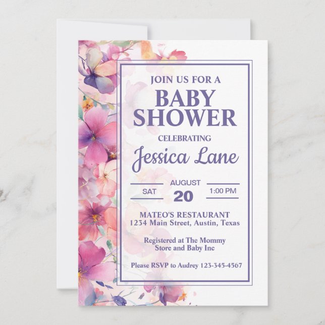 Invitación Elegante Baby Shower de Flores Pastel (Anverso)