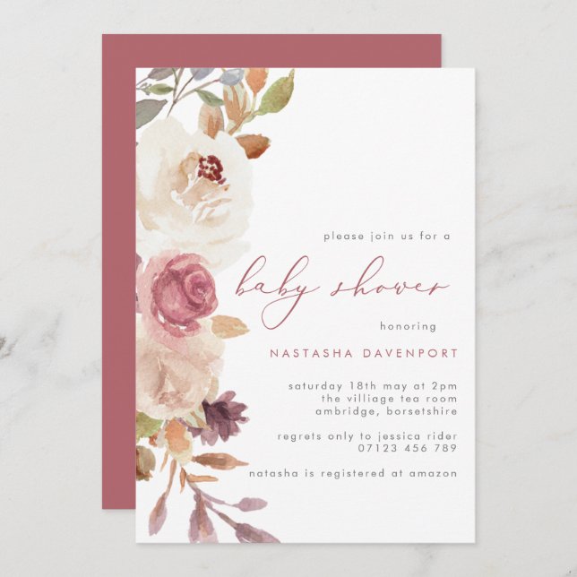 Invitación Elegante Baby Shower de flores rosadas turbias (Anverso / Reverso)