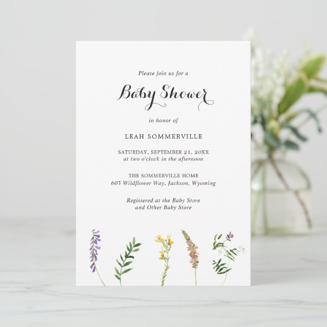 Invitación Elegante Baby Shower de flores silvestres rusticas (Anverso de pie)